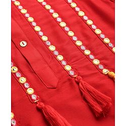 Pine Kids Woven Three Fourth Sleeves Kurta Churidar & Dupatta Set With Embriodery - Red