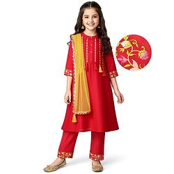 Pine Kids Woven Three Fourth Sleeves Kurta Churidar & Dupatta Set With Embriodery - Red