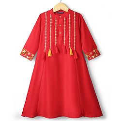 Pine Kids Woven Three Fourth Sleeves Kurta Churidar & Dupatta Set With Embriodery - Red