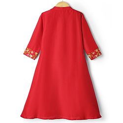 Pine Kids Woven Three Fourth Sleeves Kurta Churidar & Dupatta Set With Embriodery - Red
