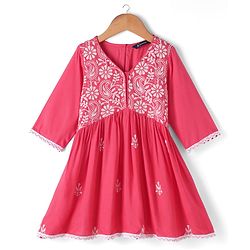 Pine Kids Woven Three Fourth Sleeves Kurti Palazzo Set with Dupatta & Floral Embroidery - Pink