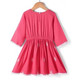 Pine Kids Woven Three Fourth Sleeves Kurti Palazzo Set with Dupatta & Floral Embroidery - Pink