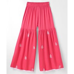 Pine Kids Woven Three Fourth Sleeves Kurti Palazzo Set with Dupatta & Floral Embroidery - Pink