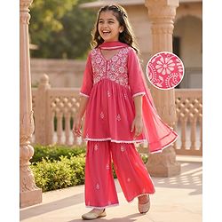Pine Kids Woven Three Fourth Sleeves Kurti Palazzo Set with Dupatta & Floral Embroidery - Pink