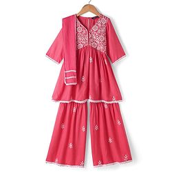 Pine Kids Woven Three Fourth Sleeves Kurti Palazzo Set with Dupatta & Floral Embroidery - Pink