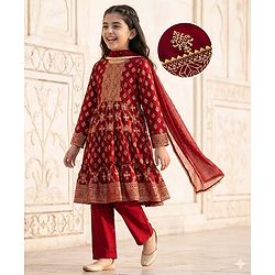 Pine Kids Three Fourth Bell Sleeves Indo western Sets with Jacket Embroidery & Sequin Detailing - Maroon