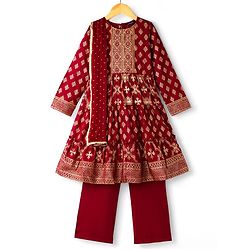 Pine Kids Three Fourth Bell Sleeves Indo western Sets with Jacket Embroidery & Sequin Detailing - Maroon