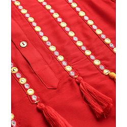 Pine Kids Woven Three Fourth Sleeves Kurti & Churidar Set With Dupatta Floral Embroidery & Pom Pom Detailing - Red
