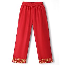 Pine Kids Woven Three Fourth Sleeves Kurti & Churidar Set With Dupatta Floral Embroidery & Pom Pom Detailing - Red