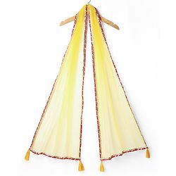 Pine Kids Woven Three Fourth Sleeves Kurti & Churidar Set With Dupatta Floral Embroidery & Pom Pom Detailing - Red