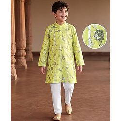 Pine Kids Woven Full Sleeves Kurta Pajama Set With Floral Embroidery & Sequin Detailing - Yellow & White