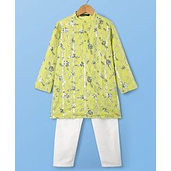 Pine Kids Woven Full Sleeves Kurta Pajama Set With Floral Embroidery & Sequin Detailing - Yellow & White
