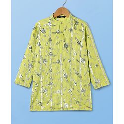 Pine Kids Woven Full Sleeves Kurta Pajama Set With Floral Embroidery & Sequin Detailing - Yellow & White