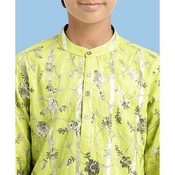 Pine Kids Woven Full Sleeves Kurta Pajama Set With Floral Embroidery & Sequin Detailing - Yellow & White
