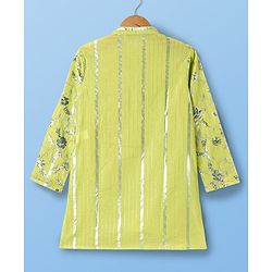Pine Kids Woven Full Sleeves Kurta Pajama Set With Floral Embroidery & Sequin Detailing - Yellow & White