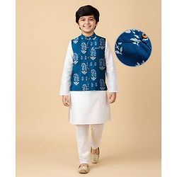 Pine Kids Cotton Woven Full Sleeves Kurta Pajama Set With Printed Jacket - White