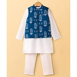 Pine Kids Cotton Woven Full Sleeves Kurta Pajama Set With Printed Jacket - White