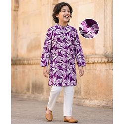 Pine Kids Cotton Woven Full Sleeves Kurta Pajama Set With Floral Print - Purple