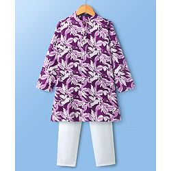 Pine Kids Cotton Woven Full Sleeves Kurta Pajama Set With Floral Print - Purple