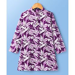 Pine Kids Cotton Woven Full Sleeves Kurta Pajama Set With Floral Print - Purple