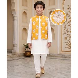 Pine Kids Cotton Woven Full Sleeves Kurta Pajama Set With Floral Embroidered Jacket - White