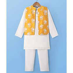 Pine Kids Cotton Woven Full Sleeves Kurta Pajama Set With Floral Embroidered Jacket - White