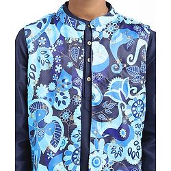 Pine Kids Cotton Woven Full Sleeves Kurta Pyjama Set with Jacket With Paisley Print - Blue