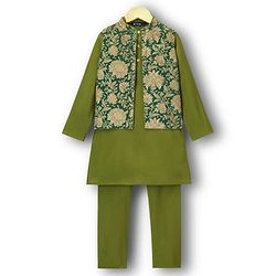 Pine Kids Woven Full Sleeves Kurta Pajama Set with Ethnic Jacket & Floral Print - Olive Green