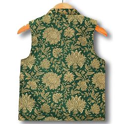 Pine Kids Woven Full Sleeves Kurta Pajama Set with Ethnic Jacket & Floral Print - Olive Green