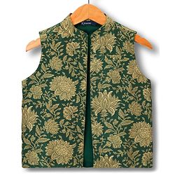 Pine Kids Woven Full Sleeves Kurta Pajama Set with Ethnic Jacket & Floral Print - Olive Green