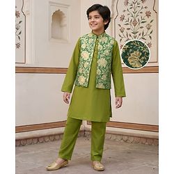 Pine Kids Woven Full Sleeves Kurta Pajama Set with Ethnic Jacket & Floral Print - Olive Green
