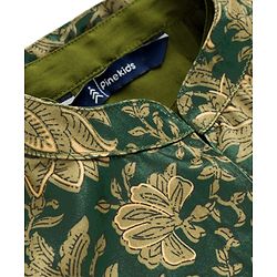 Pine Kids Woven Full Sleeves Kurta Pajama Set with Ethnic Jacket & Floral Print - Olive Green