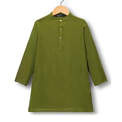 Pine Kids Woven Full Sleeves Kurta Pajama Set with Ethnic Jacket & Floral Print - Olive Green
