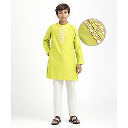 Pine Kids Woven Full Sleeves Kurta Pajama Set With Sequin Detailing - Limegreen