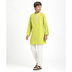Pine Kids Woven Full Sleeves Kurta Pajama Set With Sequin Detailing - Limegreen