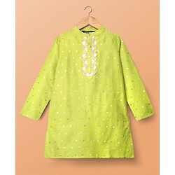Pine Kids Woven Full Sleeves Kurta Pajama Set With Sequin Detailing - Limegreen