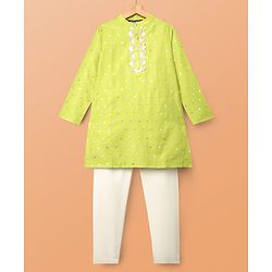 Pine Kids Woven Full Sleeves Kurta Pajama Set With Sequin Detailing - Limegreen