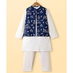 Pine Kids Viscose Woven Full Sleeves Kurta Pajama & Floral Embriodered Jacket Set - White & Navy Blue