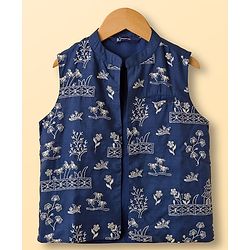 Pine Kids Viscose Woven Full Sleeves Kurta Pajama & Floral Embriodered Jacket Set - White & Navy Blue