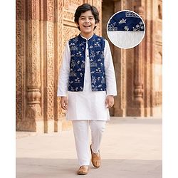 Pine Kids Viscose Woven Full Sleeves Kurta Pajama & Floral Embriodered Jacket Set - White & Navy Blue