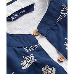 Pine Kids Viscose Woven Full Sleeves Kurta Pajama & Floral Embriodered Jacket Set - White & Navy Blue