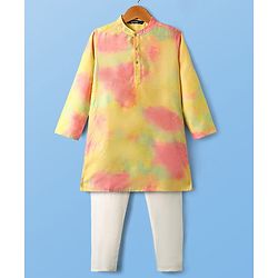 Pine Kids Woven Full Sleeves Kurta Pyjama Set with Tie-Dye Effect - Yellow Pink & White