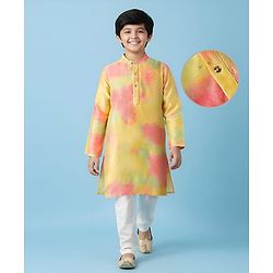 Pine Kids Woven Full Sleeves Kurta Pyjama Set with Tie-Dye Effect - Yellow Pink & White