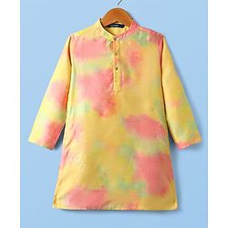 Pine Kids Woven Full Sleeves Kurta Pyjama Set with Tie-Dye Effect - Yellow Pink & White