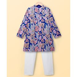Pine Kids Woven Full Sleeves Leafy Printed Kurta Pyjama Set- Multicolour