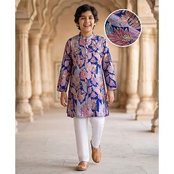 Pine Kids Woven Full Sleeves Leafy Printed Kurta Pyjama Set- Multicolour