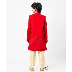 Pine Kids Woven Mandarin Collar Full Sleeves Kurta Pyjama Set With Printed Jacket & Sequin Detailing  - Red