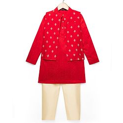 Pine Kids Woven Mandarin Collar Full Sleeves Kurta Pyjama Set With Printed Jacket & Sequin Detailing  - Red