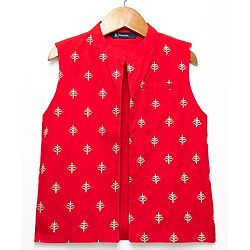 Pine Kids Woven Mandarin Collar Full Sleeves Kurta Pyjama Set With Printed Jacket & Sequin Detailing  - Red