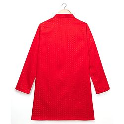 Pine Kids Woven Mandarin Collar Full Sleeves Kurta Pyjama Set With Printed Jacket & Sequin Detailing  - Red